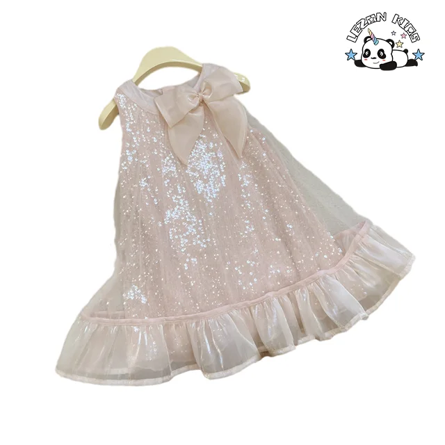 LEZONKIDS - Customize Kids Summer Sleeveless Dress 2023 New Girl Pink Bow Sequin Princess Dresses